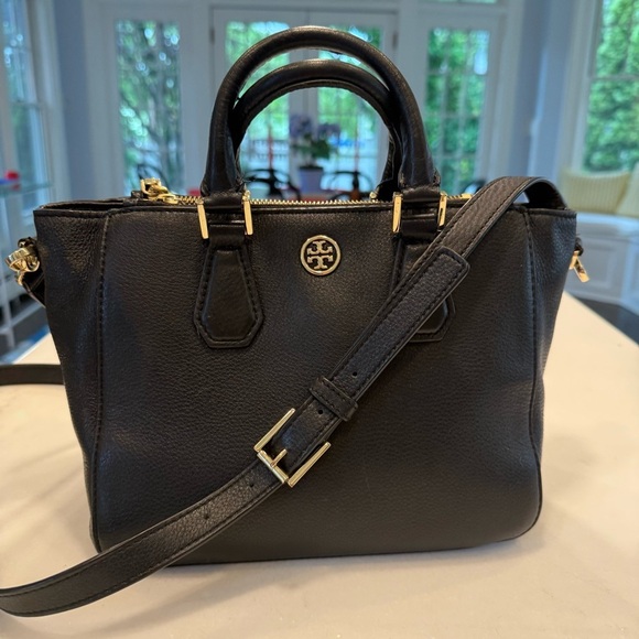Tory Burch Robinson Black Pebbled Leather Tote  Double Zip Handbag/crossbody - Picture 3 of 16